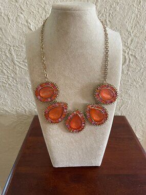 Orange & Pink Rhinestone Statement Necklace Gold Tone